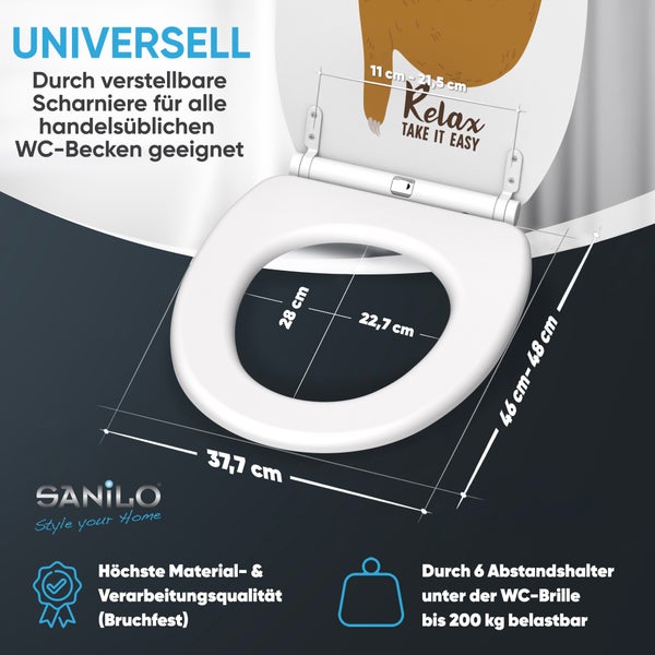 Sanilo WC Sitz mit Maßen und Produktmerkmalen zur universellen Passform und Belastbarkeit bis 200 Kilogramm.