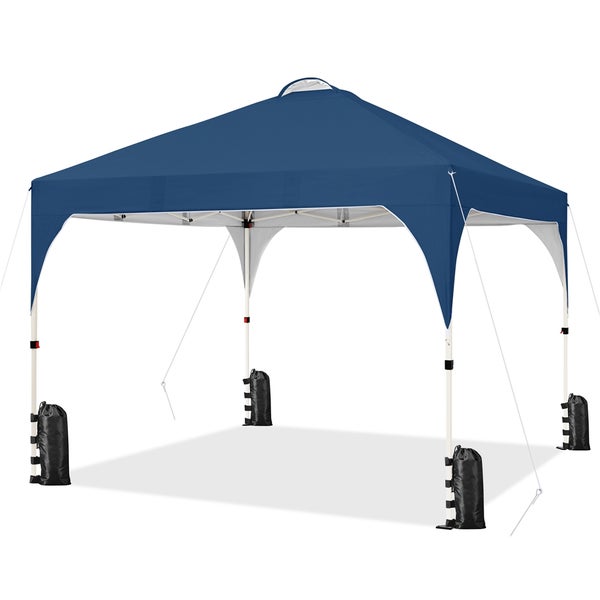 Blauer Faltpavillon mit Sandsäcken zur Beschwerung
