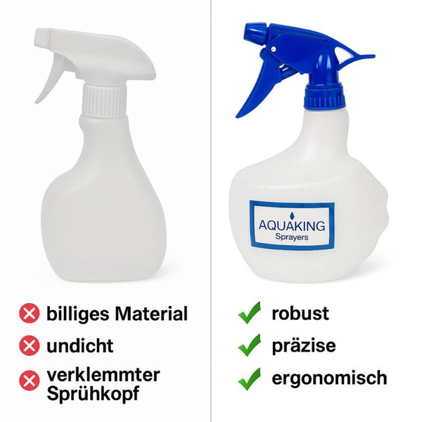 Vergleich einer herkömmlichen Sprühflasche mit einer AquaKing Sprühflasche mit Fokus auf Robustheit, Präzision und Ergonomie.