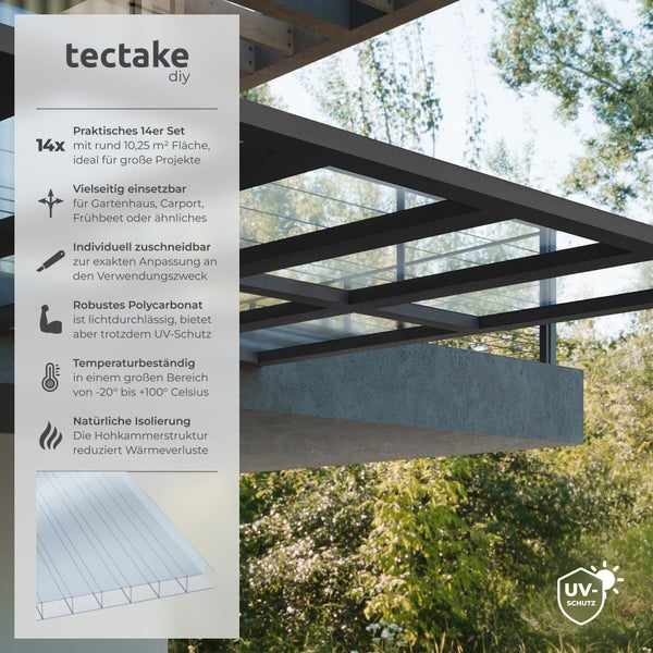 Tectake diy Logo. Set mit 14 Hohlkammerplatten aus Polycarbonat für Dächer, Ultraviolett-Schutz, temperaturbeständig und individuell zuschneidbar.