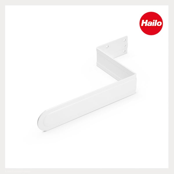Hailo Logo. Weißer, Z-förmiger Haltearm für Handtuchhalter.