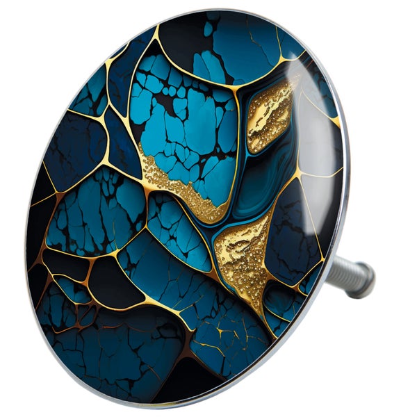 Runder Möbelknopf mit abstractem Muster in Steinoptik mit goldenen Akzenten und integrierter Schraube