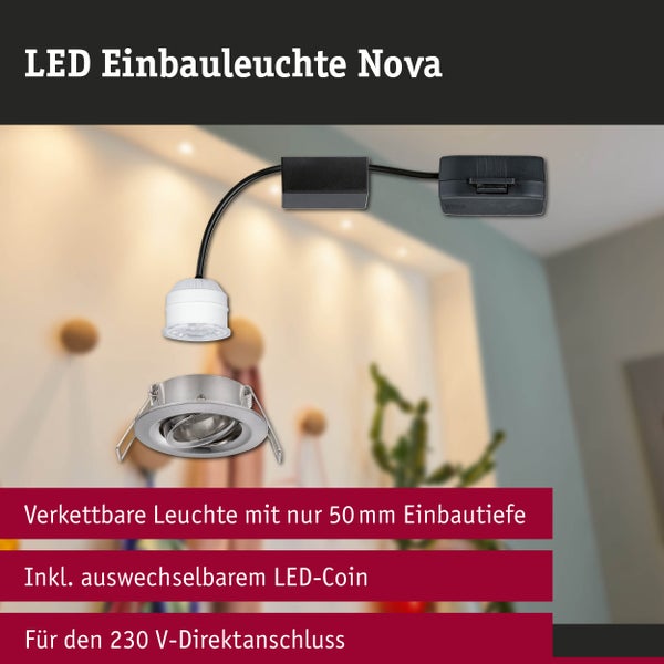 LED Einbauleuchte Nova mit austauschbarem LED-Coin, 50 Millimeter Einbautiefe und Anschlussbox für 230 Volt Direktanschluss.