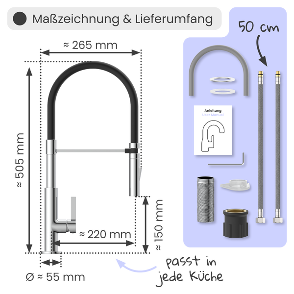 Maßzeichnung und Lieferumfang einer Küchenarmatur mit den Maßen 505 mm Höhe, 265 mm Ausladung, 55 mm Durchmesser und 150 mm bis 220 mm Abstand zur Spüle, inklusive Zubehör und Anleitung