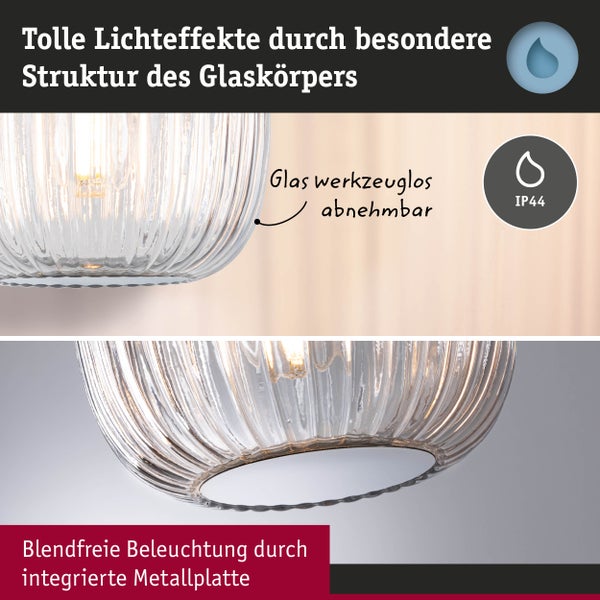 Deckenleuchte mit geriffeltem Glas für Lichteffekte, werkzeuglos abnehmbar, Schutzart IP44 und blendfreie Metallplatte.