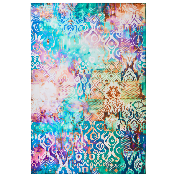 Bunter Teppich mit Patchwork-Muster, orientalischen und geometrischen Motiven.