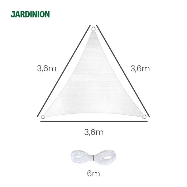 Jardinion Logo, dreieckiges Sonnensegel mit einer Seitenlänge von 3,6 Meter und einem 6 Meter langen Seil.