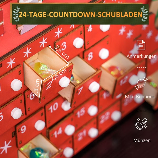 HOMCOM Adventskalender zum Befüllen 24 Schubladen Fächer Weihnachtskalender Adventskalenderbox Weihnachtsdekoration DIY MDF-Platte Rot 22,5 x 8 x 36 cm