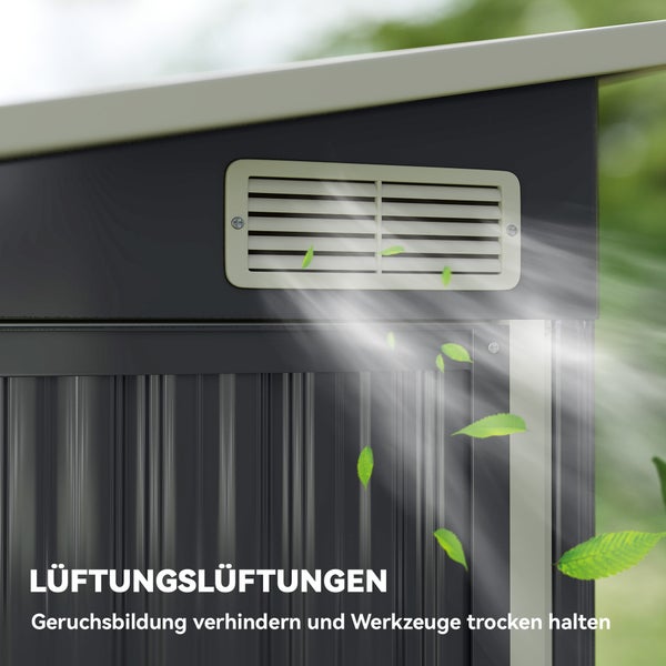 Belüftungsgitter an einem Metallgerätehaus mit visualisiertem Luftstrom zur Vermeidung von Feuchtigkeit und Gerüchen.