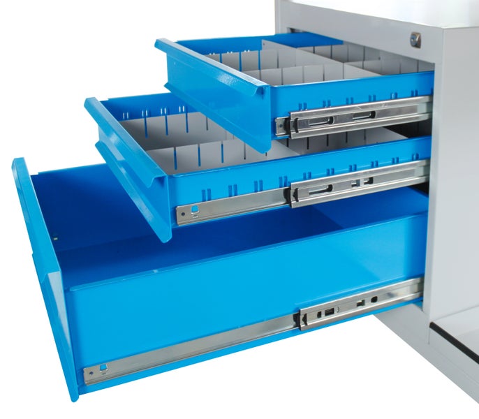 PROREGAL Werkbank Light Rhino mit Ablagefach 3 Schubladen HxBxT 82,5 x 120 x 60 cm Traglast 300 kg Lichtgrau Blau