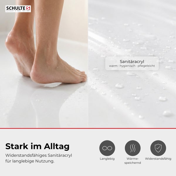 Schulte Logo. Duschwanne oder Badewanne aus Sanitäracryl, langlebig, wärmespeichernd, widerstandsfähig, hygienisch und pflegeleicht.