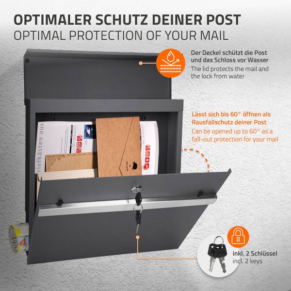 Geöffneter grauer Briefkasten mit Einwurfschlitz und zwei Schlüsseln