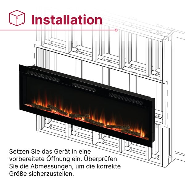 Installation eines Elektrokamins mit Flammenoptik in eine vorbereitete Wandöffnung einer Rahmenkonstruktion.