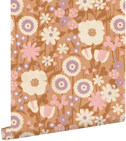 Tapete mit floralem Muster im Retro Stil, verschiedene stilisierte Blumen und kleine Käfer.