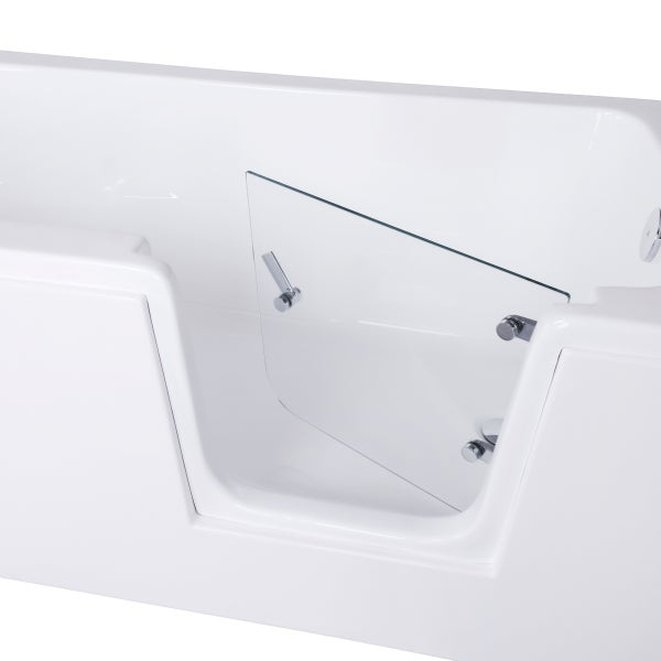 Weiße Badewanne mit transparenter Glastür und niedrigem Einstieg für barrierefreies Baden.