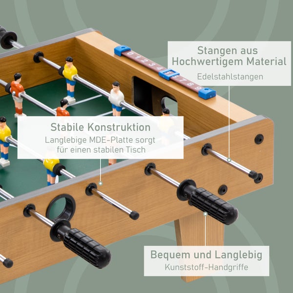 Tischfußball aus Holz mit Edelstahlstangen, stabiler MDF-Platte und Kunststoff-Handgriffen.