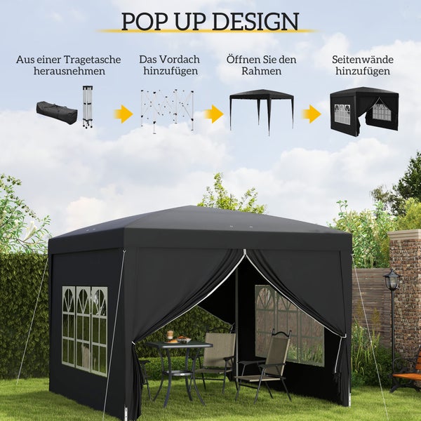 Outsunny Pavillon ca.3x3m, wasserabweisend Stabil Winterfest Pop-up Faltpavillon, UV Schutz 50+, Faltbar Partyzelt Gartenzelt mit 4 Seitenteilen Tasche Gartenpavillon für Camping Garten, Schwarz