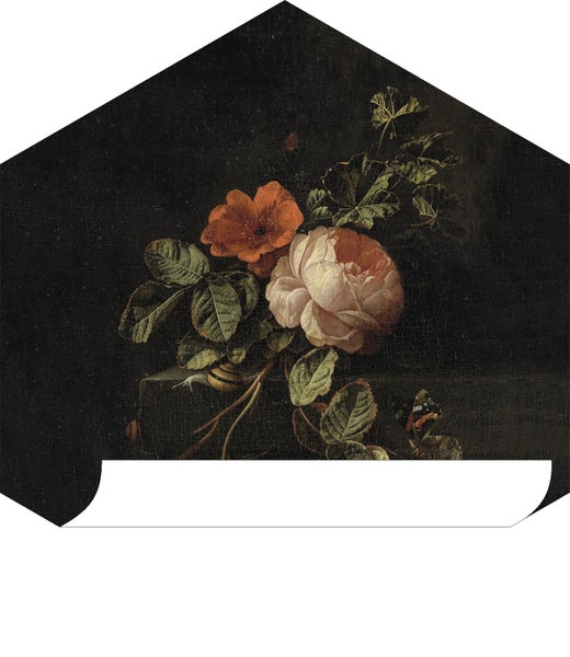 Gemälde mit Blumenarrangement, darunter Rose und Mohnblume