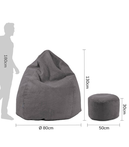 mokebo Sitzsack Cord mit Hocker 'Der Tagträumer', Bean Bag und Pouf mit EPS-Perlen Füllung in Anthrazit