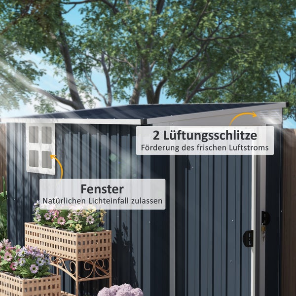 Outsunny Metall Gerätehaus 2,7m² 128x231x181cm Geräteschuppen mit Pultdach Fenster Abschließbarer Tür wetterfest Gartenhaus Outdoor Garten Schuppen für Hinterhof Außenbereich Dunkelgrau