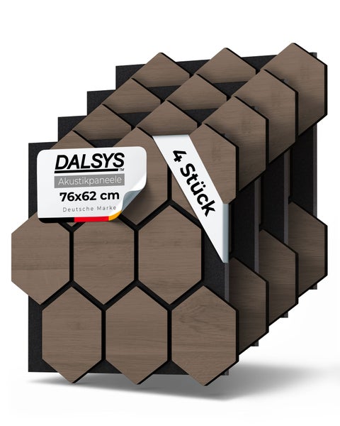 Dalsys Logo, Akustikpaneele, 4 Stück, Sechseck-Design in Holzoptik, 76 mal 62 Zentimeter, Deutsche Marke.