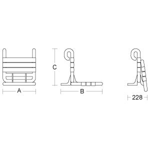 Technische Zeichnung eines Klappsitzes mit Maßen für Breite A, Tiefe B, Höhe C und Klapptiefe von 228 Millimetern.