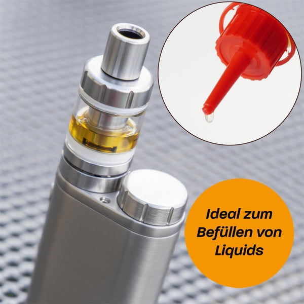 Elektrische Zigarette mit Tank und Dosierspitze zum Befüllen von Flüssigkeiten.