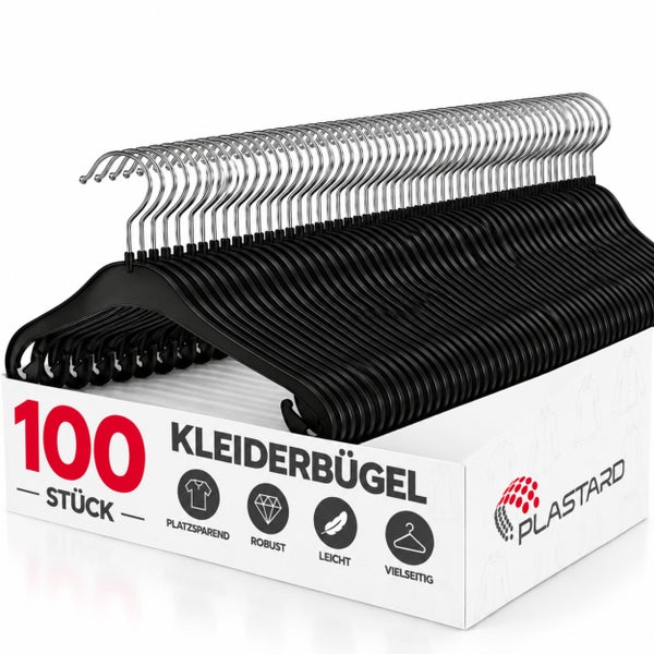 Set mit 100 Kunststoff Kleiderbügeln mit Metallhaken von Plastard zur platzsparenden und robusten Aufbewahrung von Kleidung im Kleiderschrank.