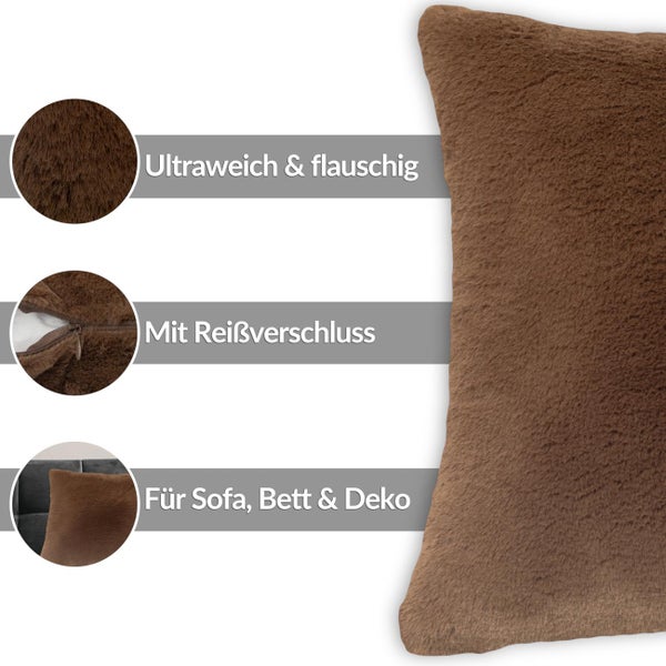 Braune Kunstfell-Kissenhülle mit ultraweicher, flauschiger Oberfläche und verdecktem Reißverschluss für Sofa, Bett und Dekoration.