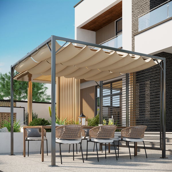 Outsunny Pavillon mit einstellbarem Stoffdach, Überdachung, 300 x 280 x 238 cm, Polyester, Beige
