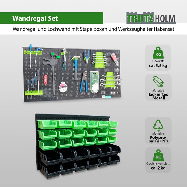 Wandregal Set von Trutzholm mit Lochwand für Werkzeug und Stapelboxen für Kleinteile aus Metall und Polypropylen zur organisierten Aufbewahrung.