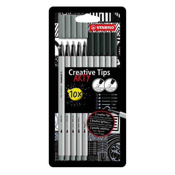 STABILO Filzstift & Fineliner Multi-Liner-Set - Creative Tips - ARTY, 10er Set, schwarz, mittelgrau