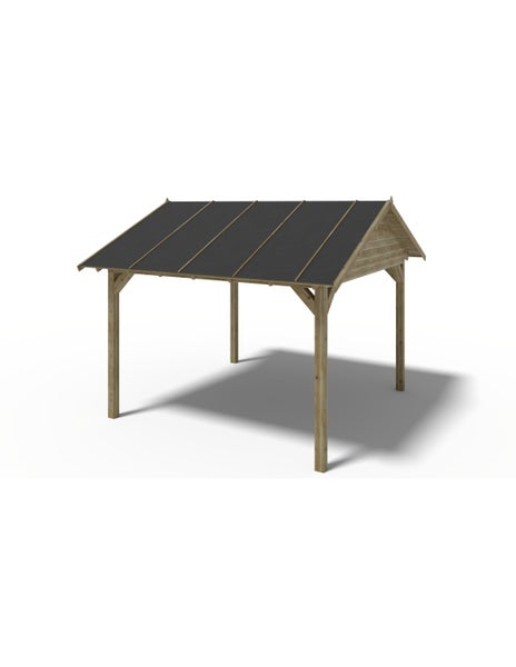 Freistehender Holz-Carport mit Satteldach und dunkler Dacheindeckung auf vier Pfosten.