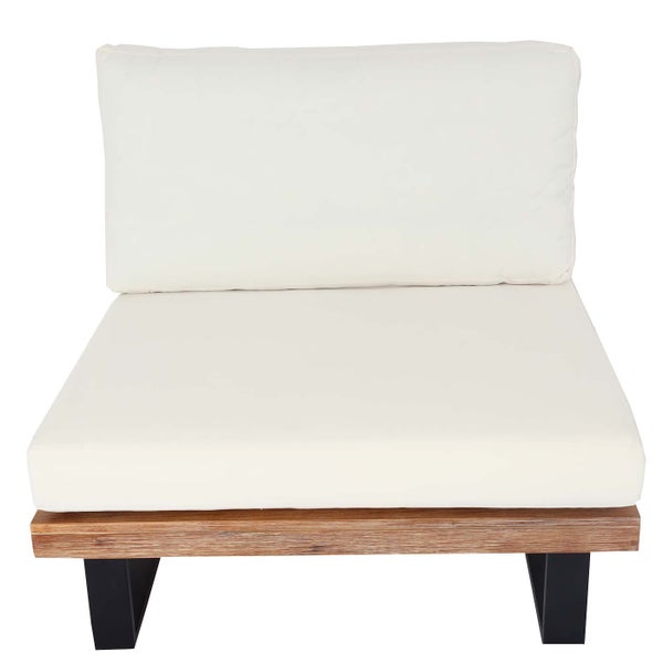 Lounge-Sessel-Modul mit Holzgestell, schwarzen Metallbeinen und weißen Sitz- und Rückenkissen.