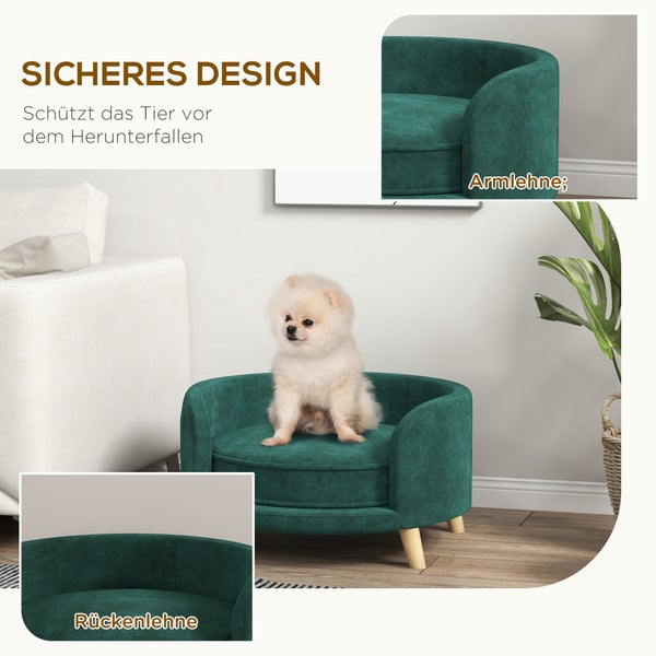 PawHut Hundesofa, Haustiersofa mit Samtoptik, Katzensofa mit Kissen, Hundebett, Hundecouch mit Erhöhtem Design, Hundesessel mit Holzbeine, Grün, 68 x 68 x 35 cm