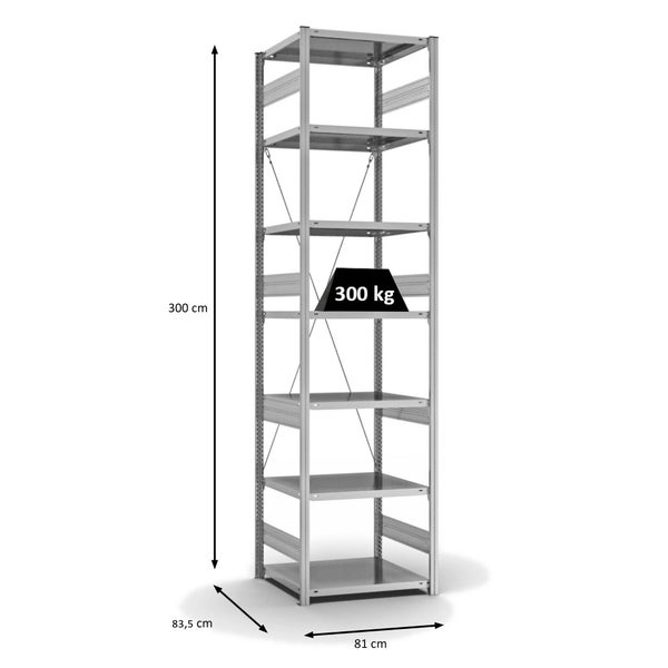 PROREGAL Fachbodenregal Stecksystem T-Profil Heavy-Duty Grundregal HxBxT 300 x 75 x 80 cm 7 Ebenen Fachlast 300 kg Einseitig Nutzbar Verzinkt