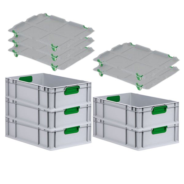 PROREGAL Spar Set 5x Eurobox Nextgen Color Mit Auflagedeckel & Schiebeschnappverschlüsse HxBxT 17 x 40 x 60 cm Griffe Grün Geschlossen Glatter Boden