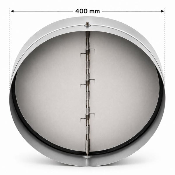 Rückschlagklappe für Lüftungsrohre aus Metall, Durchmesser 400 Millimeter, mit zwei federbelasteten Klappen.