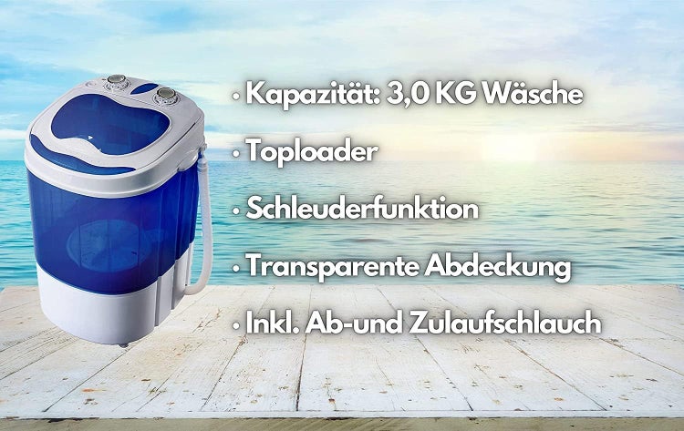 JUNG ADLER AD8051 Mini Waschmaschine mit Schleuder blau, Waschautomat bis 3 KG, Reisewaschmaschine, Miniwaschmaschine, Camping Mobile Waschmaschine, Toploader (1 Kammer)