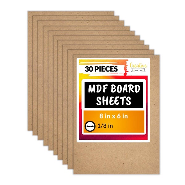 30 Stück MDF-Platten von Creative Deco, 8 Zoll mal 6 Zoll, Dicke 1 Achtel Zoll. Creative Deco Logo.