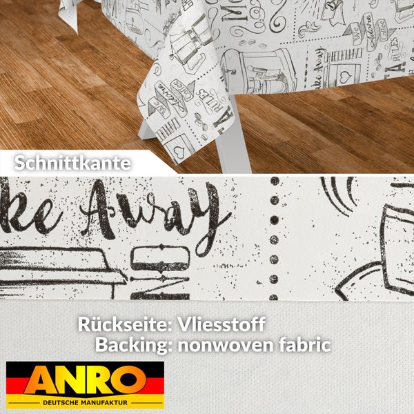 Abwaschbare Tischdecke mit Kaffeemotiven, Detailansicht der Schnittkante und der Rückseite aus Vliesstoff, ANRO Deutsche Manufaktur Logo.