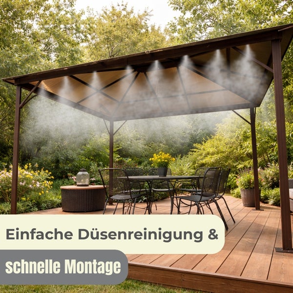 Gartenpavillon auf einer Holzterrasse mit integriertem Sprühnebelsystem, das feinen Wassernebel über eine Sitzgruppe sprüht.