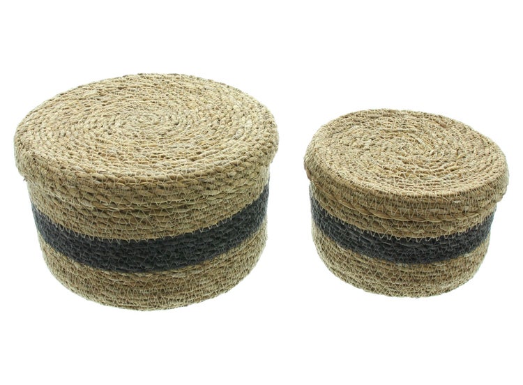 FRANK FLECHTWAREN | Füllkorb Karima mit Deckel, 2er Set, SEEGRAS, Ø 15 x 10 cm, Ø 20 x 12 cm