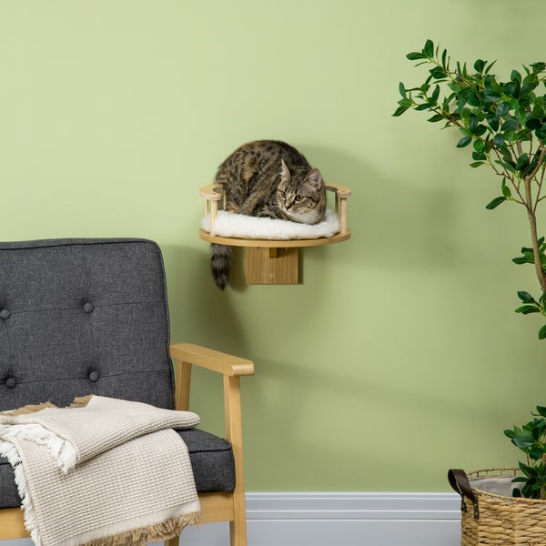 PawHut Katzen Kletterwand, Katzenliege für die Wand, Katzenbett für Wandmontage, Katzen Hängematte, Katzenplattform mit Kissen, Katzenmöbel, Eiche+Cremeweiß, Ø34 x 10,5 cm
