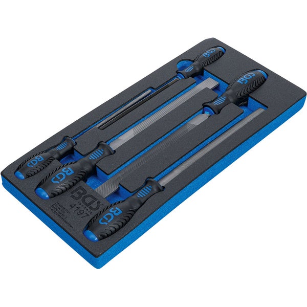 BGS technic Feilen-Satz in Schaumstoffeinlage, fünf Stahlfeilen mit ergonomischen Kunststoffgriffen in Blau und Schwarz.