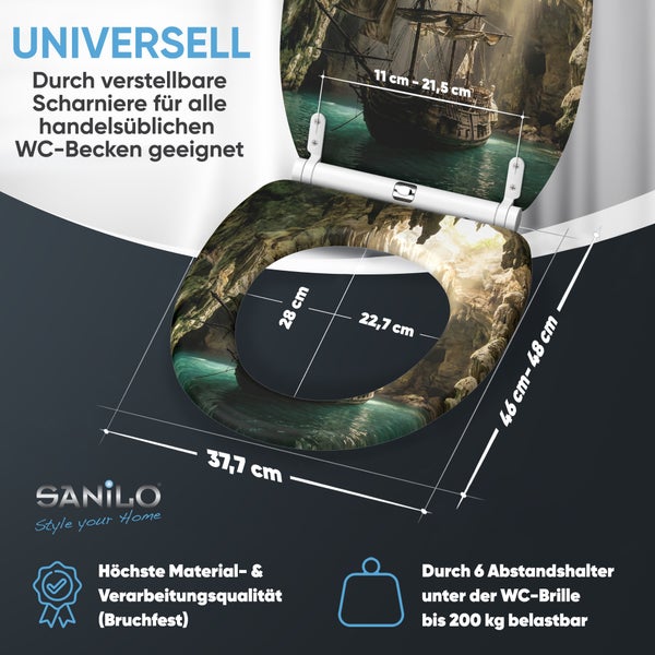 Sanilo WC Sitz mit Piratenschiff Motiv inklusive verstellbaren Scharnieren und Bemaßungen für die Montage an handelsüblichen WC Becken.