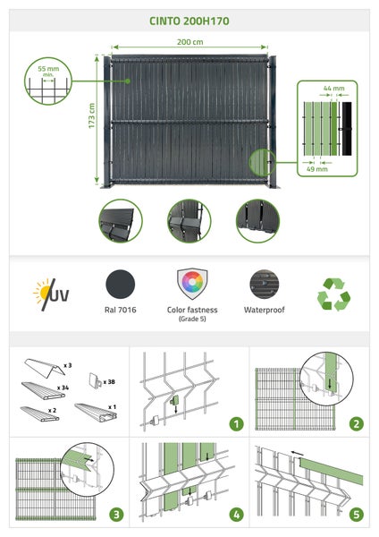 Cinto Sichtschutz Zaun 200x170 cm mit Produktinformationen und Montageanleitung