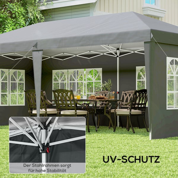 Graues Faltpavillon im Garten mit Seitenwänden und Fenstern, Essgruppe im Inneren und Detailansicht des stabilen Stahlrahmens. Ultraviolett-Schutz.