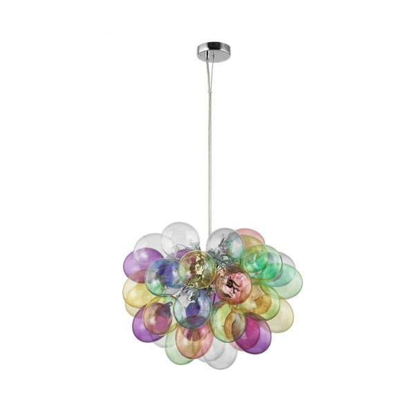 Moderne Pendelleuchte mit bunten, transparenten Glaskugeln, verchromte Deckenbefestigung und Kabel.