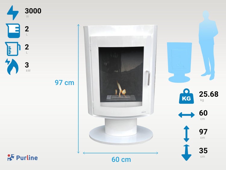 Purline Ethanolkamin mit den Maßen 60 x 97 x 35 cm und einem Gewicht von 25,68 kg. Der Kamin hat eine Leistung von 3 Kilowatt und einen Tankinhalt von 2 Litern. Leistung 3000 Watt. Purline Logo.
